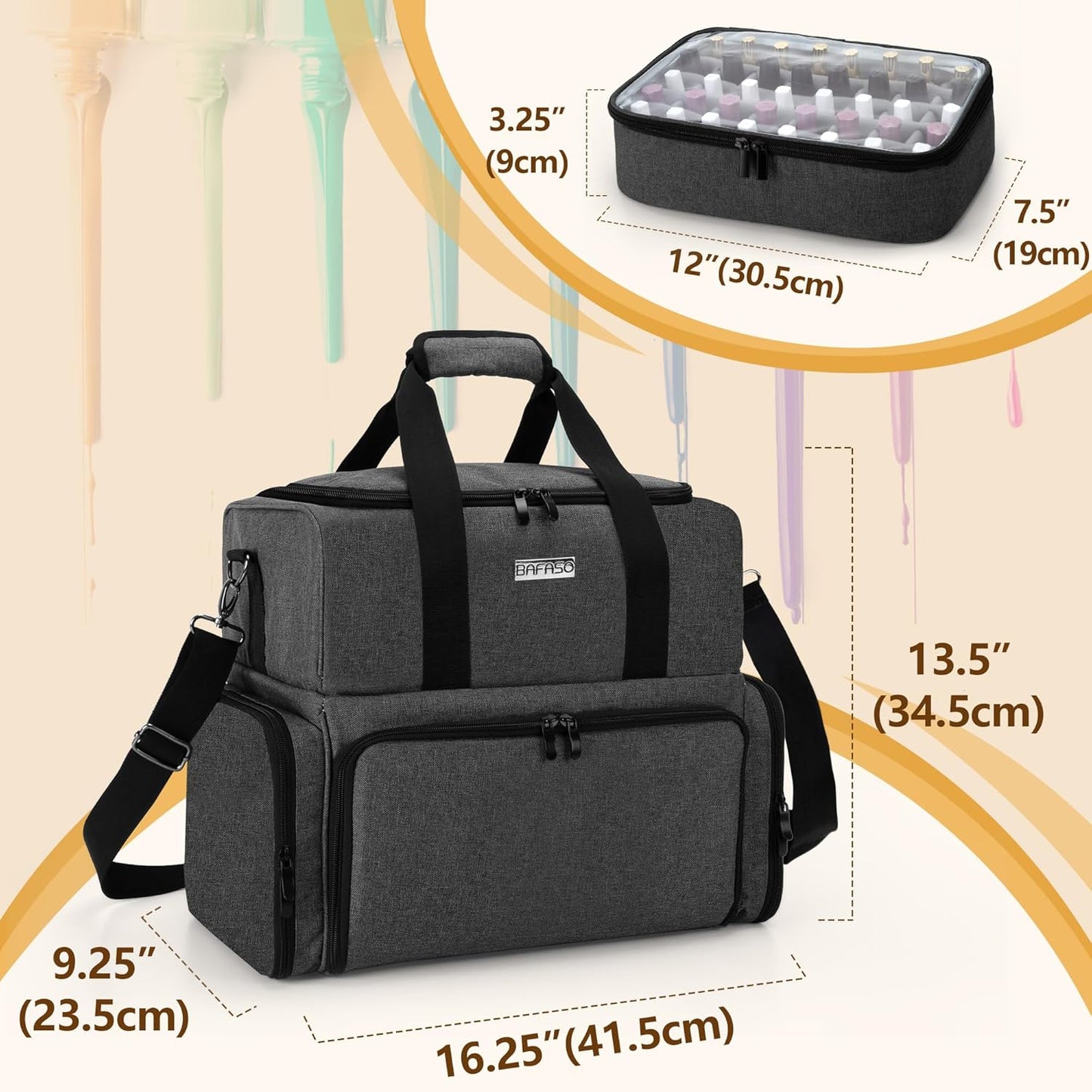 BAFASO Stylish Double Layer Nail Polish Organizer - Holds 80 Bottles and UV Nail Lamp with Removable Pouches & Manicure Tools Storage - Sleek Black Design