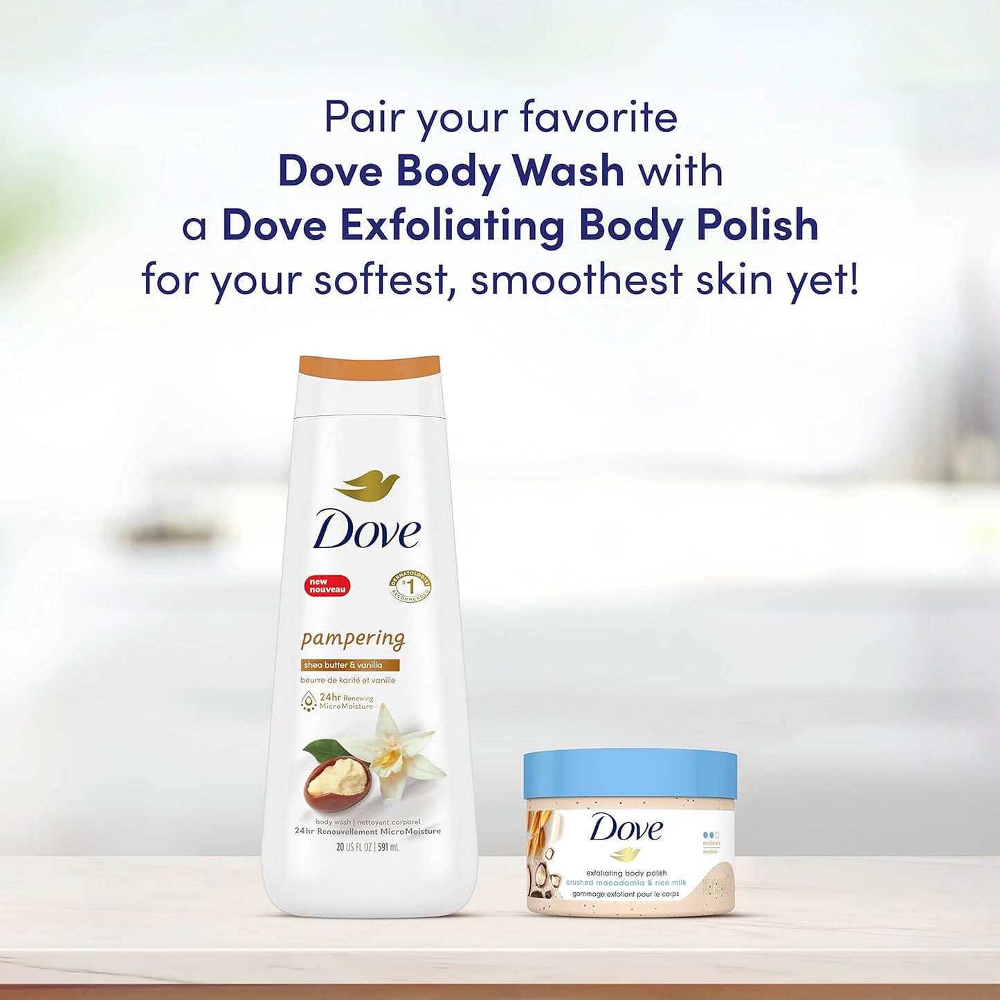 Dove Exfoliating Body Polish | Macadamia & Rice Milk + Pomegranate & Shea Butter (298G Each)