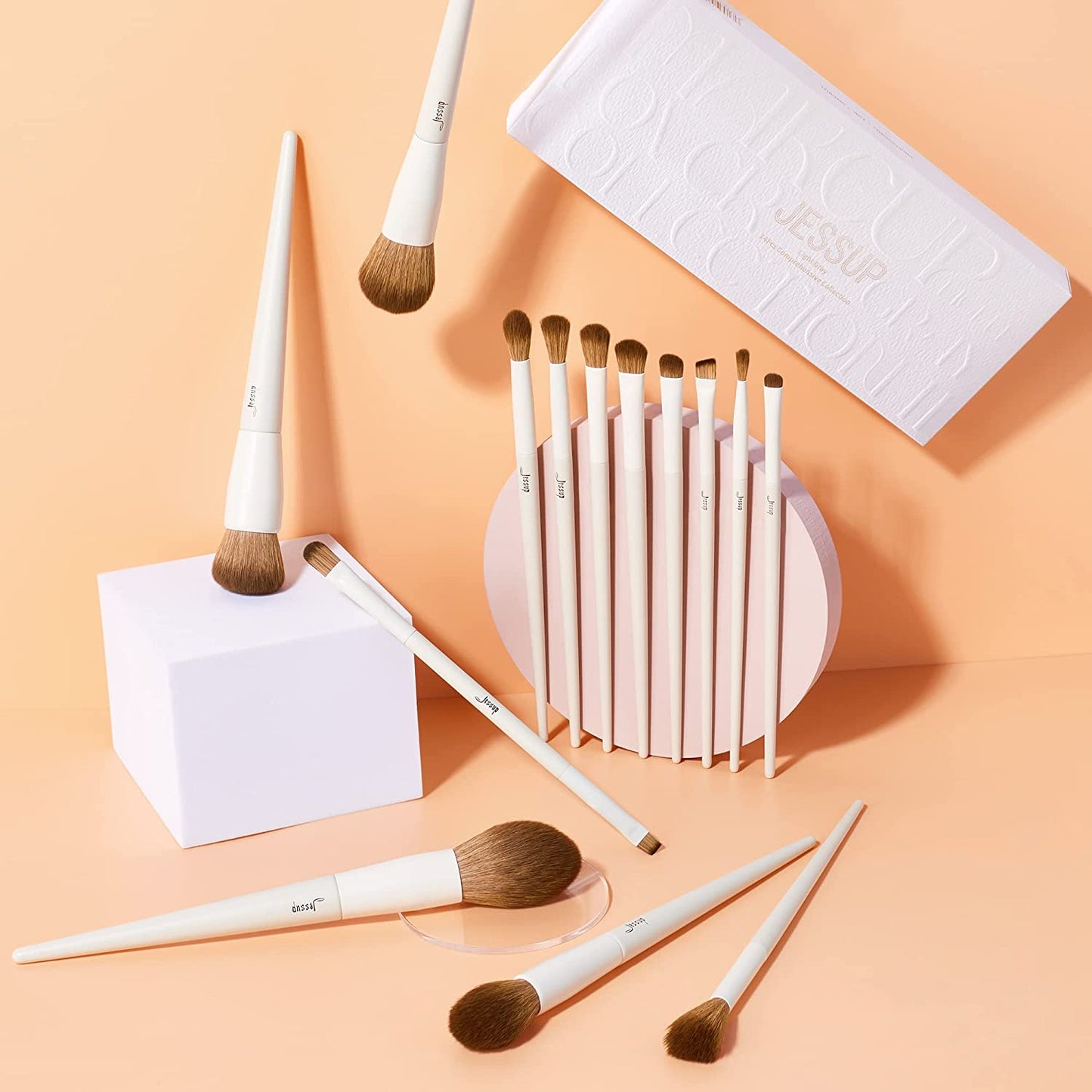 Jessup 14-Piece Premium Synthetic Makeup Brush Set - Perfect for Flawless Foundation, Contouring, and Eye Makeup - Light Grey T329