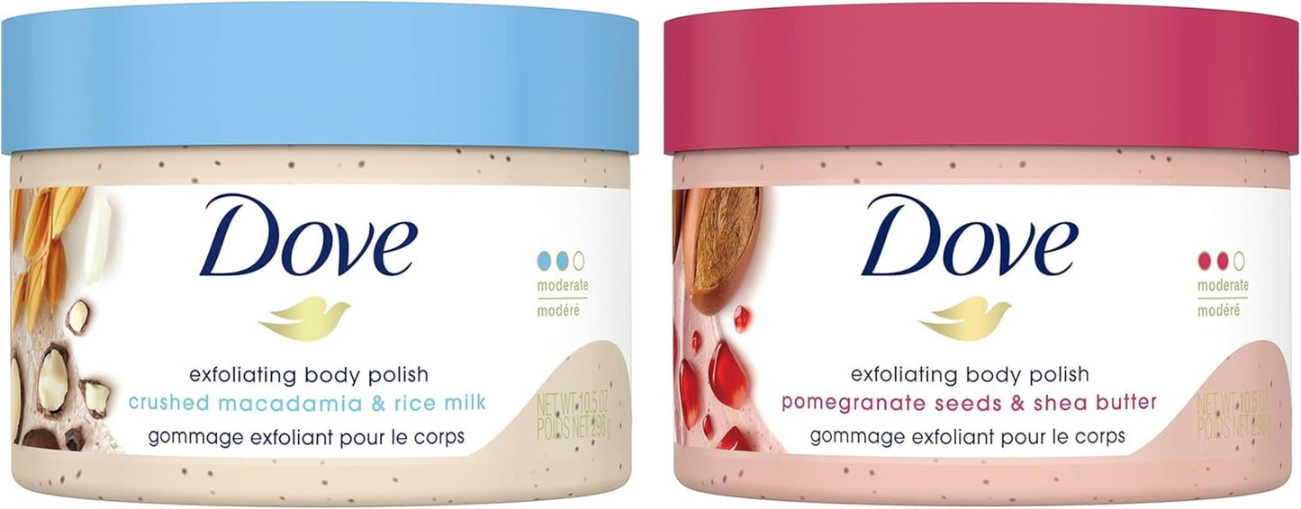 Dove Exfoliating Body Polish | Macadamia & Rice Milk + Pomegranate & Shea Butter (298G Each)