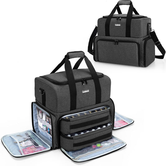 BAFASO Stylish Double Layer Nail Polish Organizer - Holds 80 Bottles and UV Nail Lamp with Removable Pouches & Manicure Tools Storage - Sleek Black Design