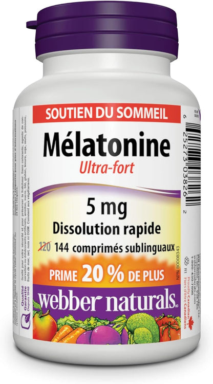 Webber Naturals Melatonin 5 Mg Extra Strength, 144 Quick Dissolve Tablets, for Sleep Support, Vegetarian