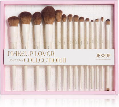 Jessup 14-Piece Premium Synthetic Makeup Brush Set - Perfect for Flawless Foundation, Contouring, and Eye Makeup - Light Grey T329