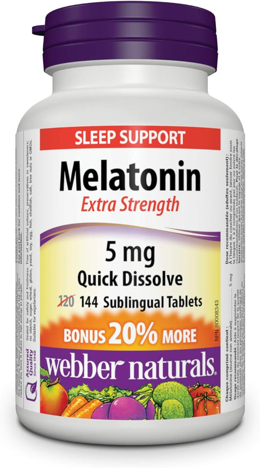 Webber Naturals Melatonin 5 Mg Extra Strength, 144 Quick Dissolve Tablets, for Sleep Support, Vegetarian