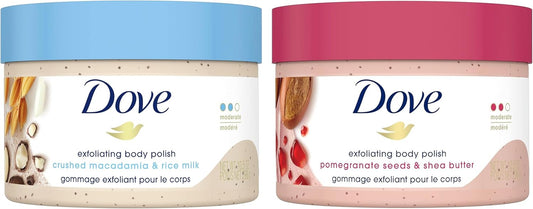 Dove Exfoliating Body Polish | Macadamia & Rice Milk + Pomegranate & Shea Butter (298G Each)