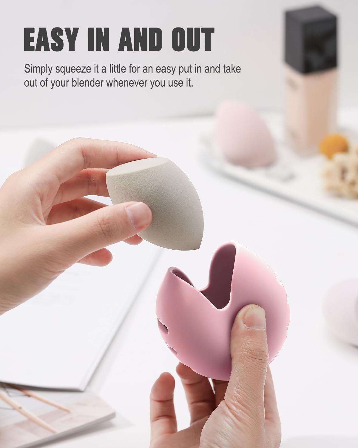 FERYES Makeup Sponge Holder – Shatterproof Eco-Friendly Silicone Beauty Make up Blender Case for Travel - Pink